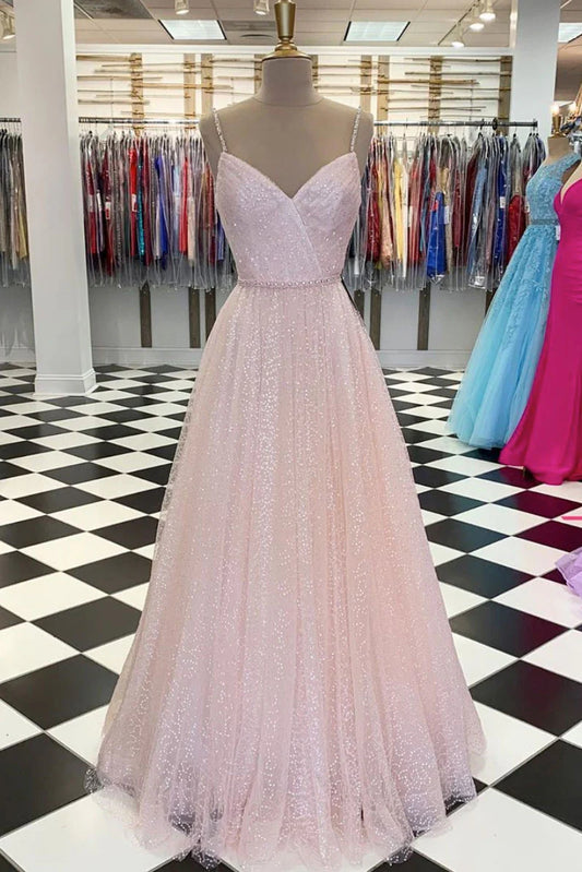 Pink v neck tulle sequin long prom dress pink tulle formal prom dress