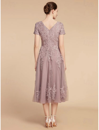 A-shaped Bride Mom Dress Wedding Guests Elegant and Beautiful Gem Neck Tea Long Lace Thin Veil Pleated Flowers