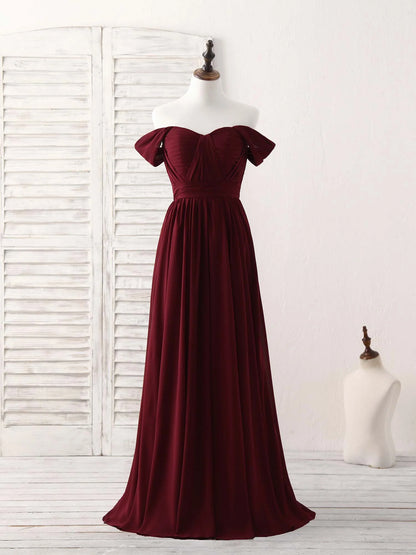 Chiffon Off Shoulder Long Prom Dress Burgundy Bridesmaid Dress