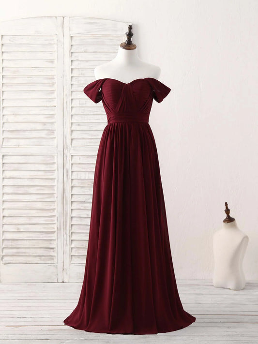 Chiffon Off Shoulder Long Prom Dress Burgundy Bridesmaid Dress