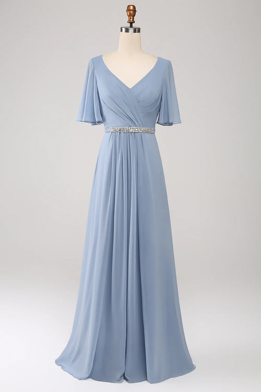 A Line V Neck Chiffon Floor Length Dusty Blue Bridesmaid Dress