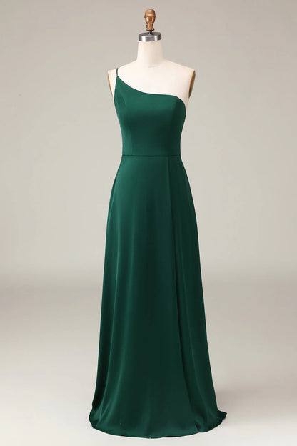 A-Line One Shoulder Floor Length Chiffon Bridesmaid Dress