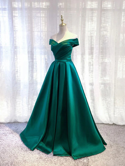 Simple green satin off shoulder long evening dress green bridesmaid dress