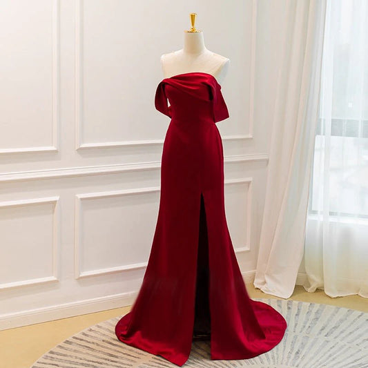 Off Shoulder Burgundy Acetic High-slit Formal Evening Dresses Long