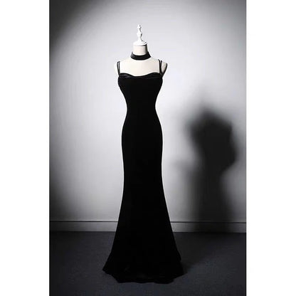 Evening Dresses with Black Velvet Thin Strap Tail