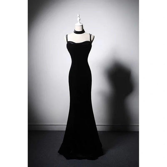 Evening Dresses with Black Velvet Thin Strap Tail