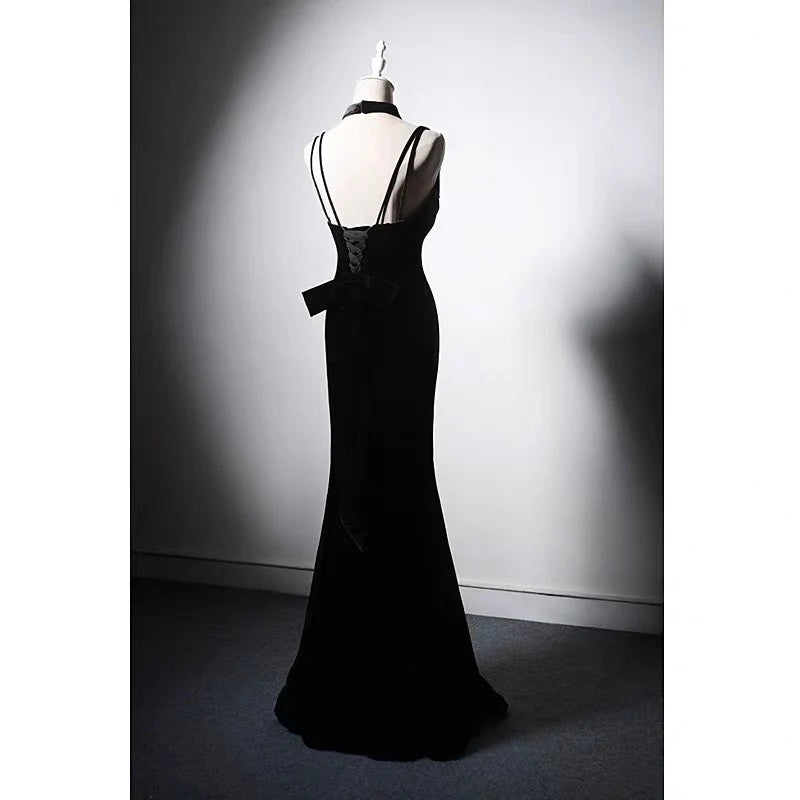 Evening Dresses with Black Velvet Thin Strap Tail