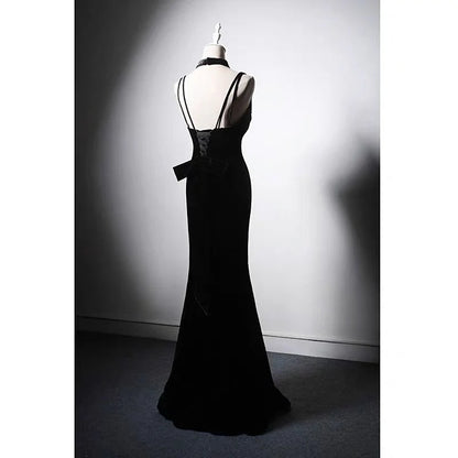 Evening Dresses with Black Velvet Thin Strap Tail