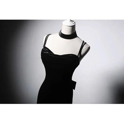 Evening Dresses with Black Velvet Thin Strap Tail