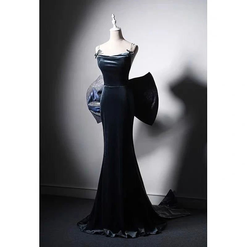 Sapphire Blue Velvet Backless Formal Dress With Bow Tie  Evening Gown