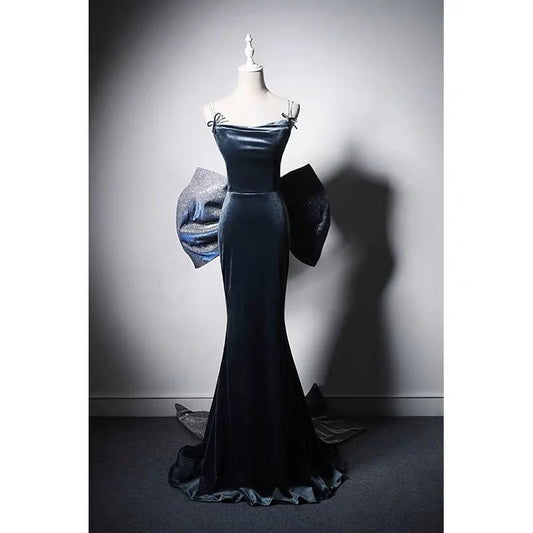 Sapphire Blue Velvet Backless Formal Dress With Bow Tie  Evening Gown