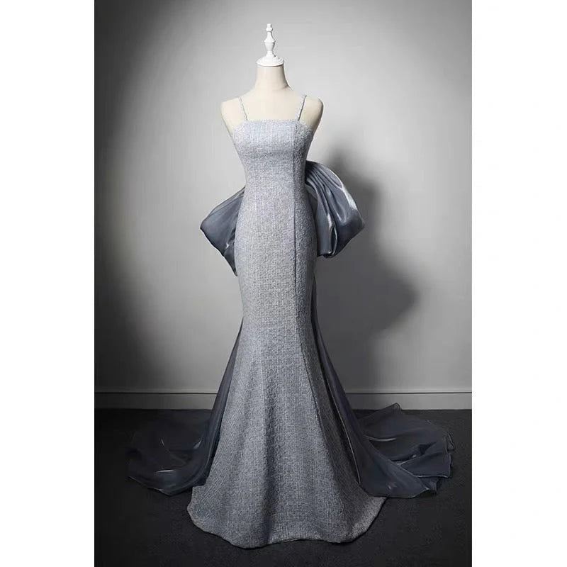 Grey Tweed Slip Formal Evening Dresses  With Bow Tie