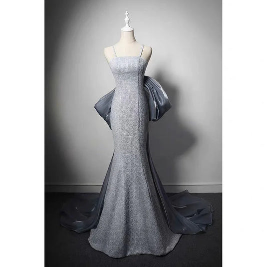 Grey Tweed Slip Formal Evening Dresses  With Bow Tie