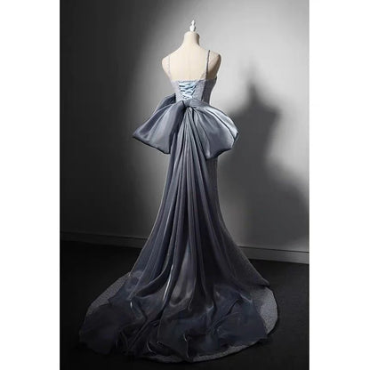 Grey Tweed Slip Formal Evening Dresses  With Bow Tie
