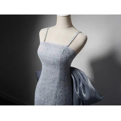 Grey Tweed Slip Formal Evening Dresses  With Bow Tie