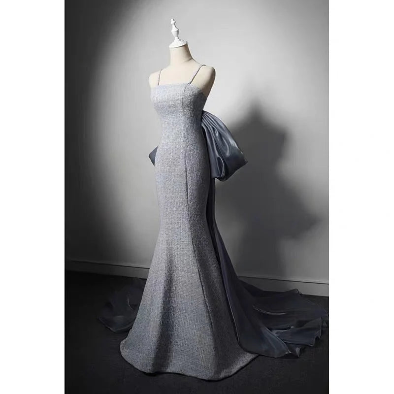 Grey Tweed Slip Formal Evening Dresses  With Bow Tie