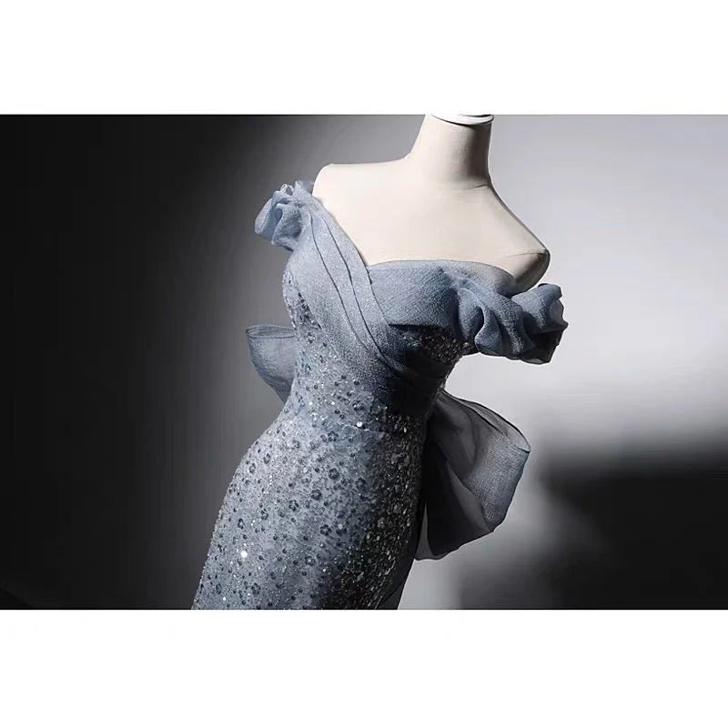 Luxury Blue Off-shoulder Beaded Mermaid Formal Dress With Sequins  Evening Gown