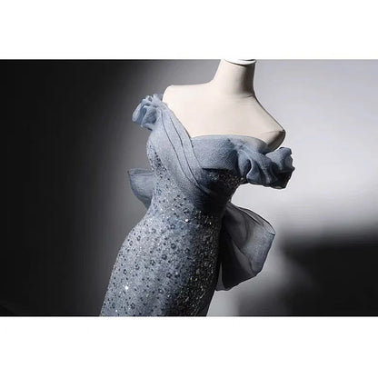 Luxury Blue Off-shoulder Beaded Mermaid Formal Dress With Sequins  Evening Gown