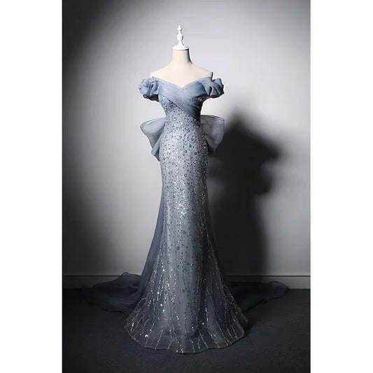 Luxury Blue Off-shoulder Beaded Mermaid Formal Dress With Sequins  Evening Gown