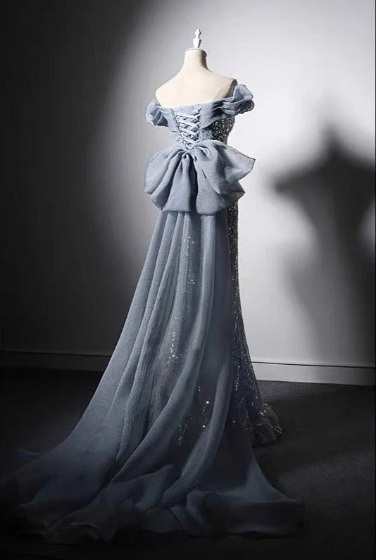 Luxury Blue Off-shoulder Beaded Mermaid Formal Dress With Sequins  Evening Gown