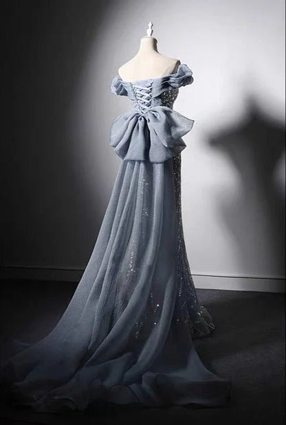 Luxury Blue Off-shoulder Beaded Mermaid Formal Dress With Sequins  Evening Gown