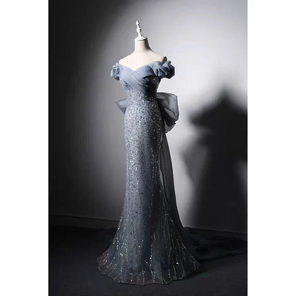 Luxury Blue Off-shoulder Beaded Mermaid Formal Dress With Sequins  Evening Gown