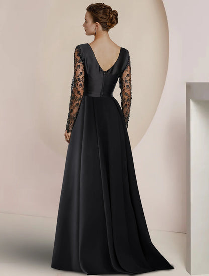 Jumpsuit bride's mother wedding guests elegant party V-neck to floor length satin lace ribbon and decal