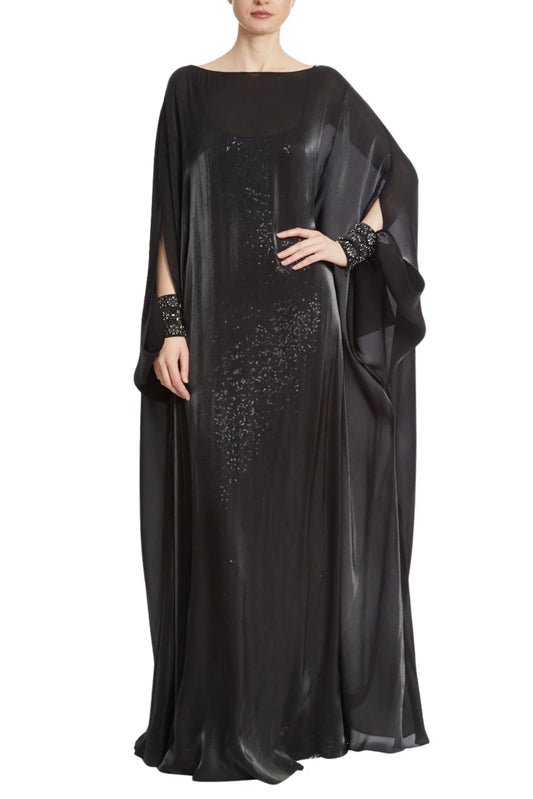 Badgley Mischka Flowy Long-Sleeved Charcoal Mother of the Bride Dresses