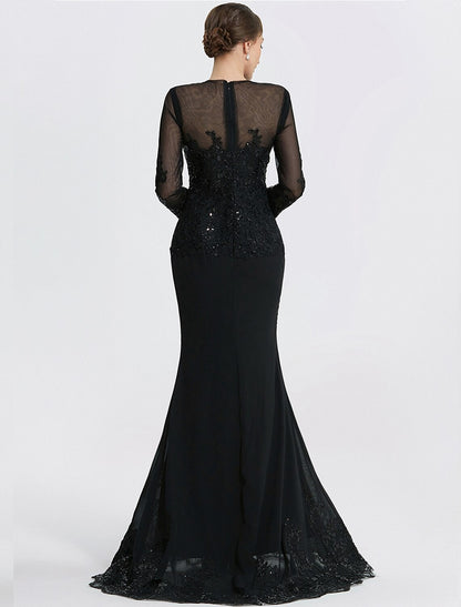 Mermaid Horn Sheath Post Evening Dress Formal Floor length Sleeves Jewel Neck Lace Applique