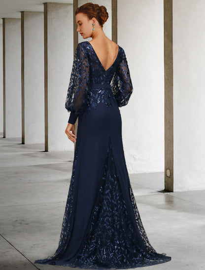 Mermaid Small Bride Mom Dress Wedding Guests Vintage Jewelry Neck Sweeping Brush Tail Chiffon Lace Long Sleeves with Sequin Ruffle Edge