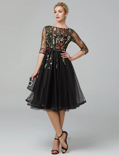 A-line black dress retro wedding guests chicken knee long sleeved phantom collar Wednesday Adams family sheer embroidered stickers