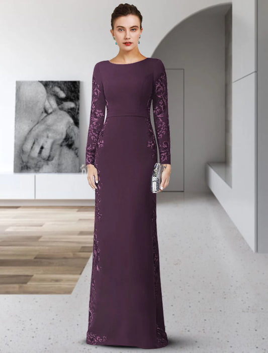 Sheath Column Bride Mother Dress Formal Wedding Guest Party Low Round Neck to Floor Length Chiffon Lace Belt Ribbon Applique