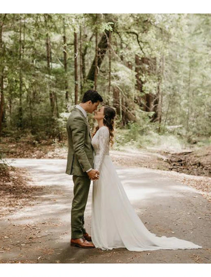 Beach backless bohemian style wedding dress A-line low round neck long sleeved brush lace bridal dress with pleats