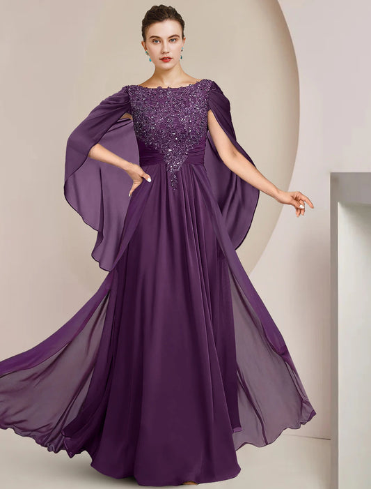 Bride Mom Dress Formal Wedding Guest Low Round Neck to Floor Length Chiffon Lace Sleeveless Beaded Sequin Stickers