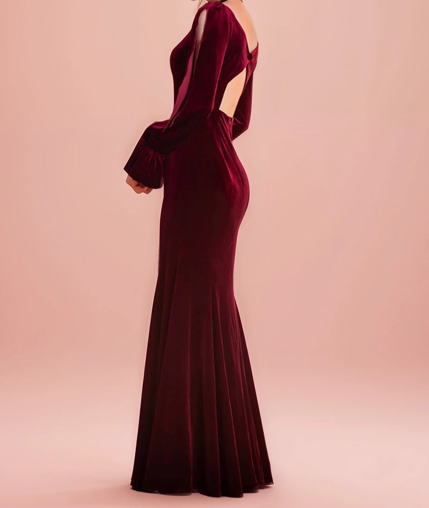 Ruffled open long Sleeves straight neckline hollow back sheath velvet prom dress