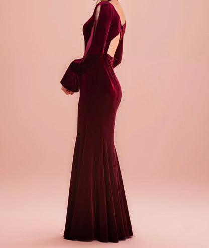 Ruffled open long Sleeves straight neckline hollow back sheath velvet prom dress
