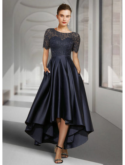 Bride Mom Dress Wedding Guests High and Low Spoon Neckline Asymmetric Tea Long Satin Lace Short Sleeves with Folds