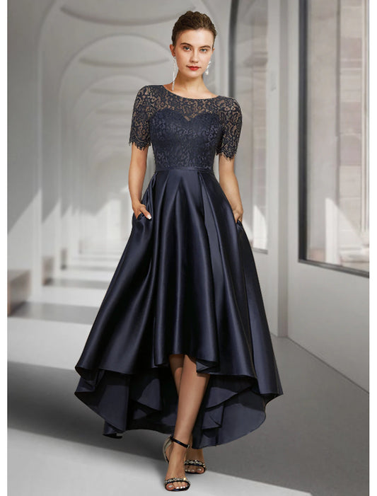 Bride Mom Dress Wedding Guests High and Low Spoon Neckline Asymmetric Tea Long Satin Lace Short Sleeves with Folds