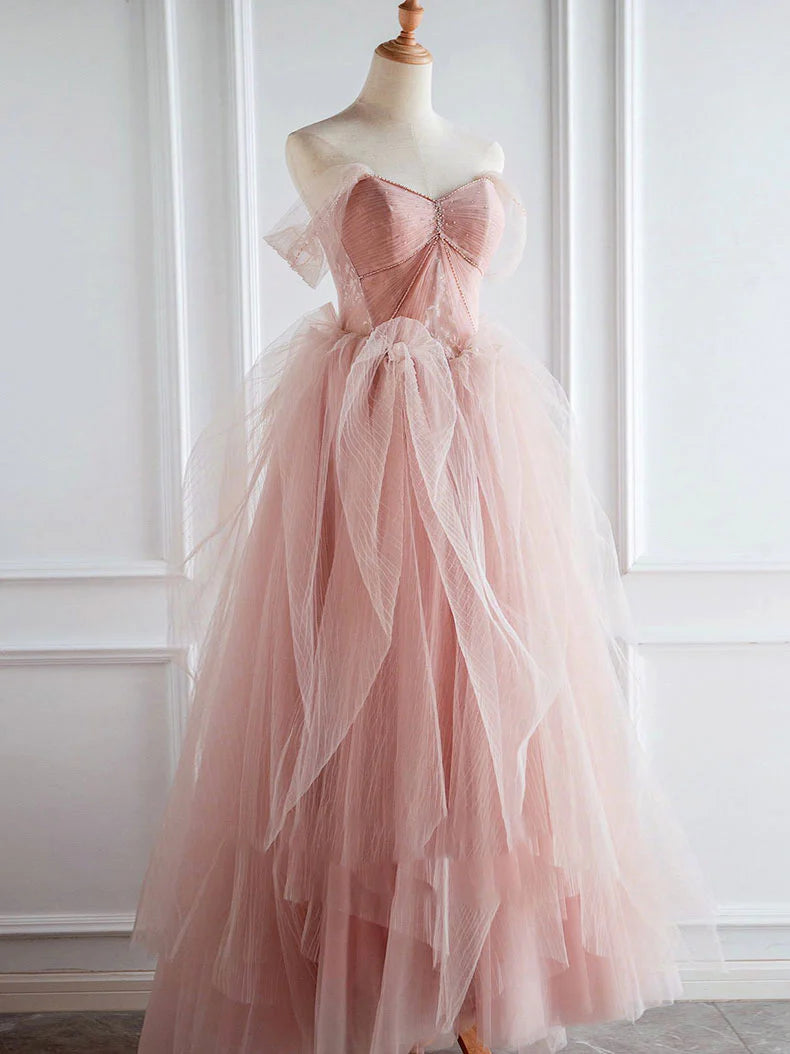 Pink tulle lace long prom dress pink tulle prom dress