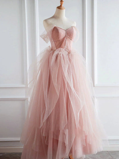 Pink tulle lace long prom dress pink tulle prom dress