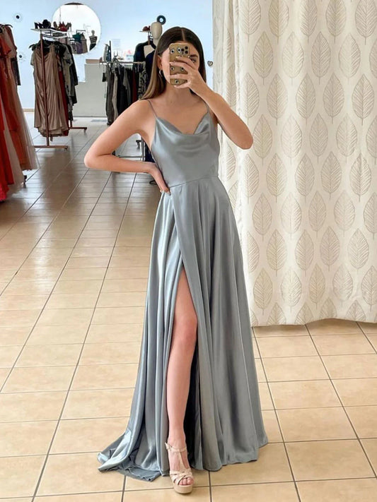 Simple Gray A line satin long prom dress gray long prom dress