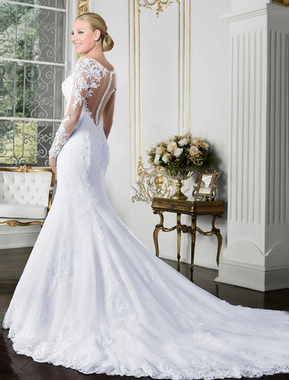 Open back sexy wedding dress mermaid horn illusion collar long sleeved car lace bride dress with lace stickers