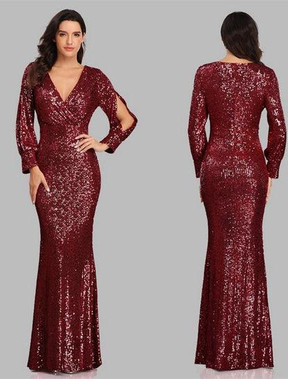 Mermaid Loudspeaker Evening Dress Sparkling Dress Party Dress Wedding Guests Landing Long Sleeve V-Neck Sequins