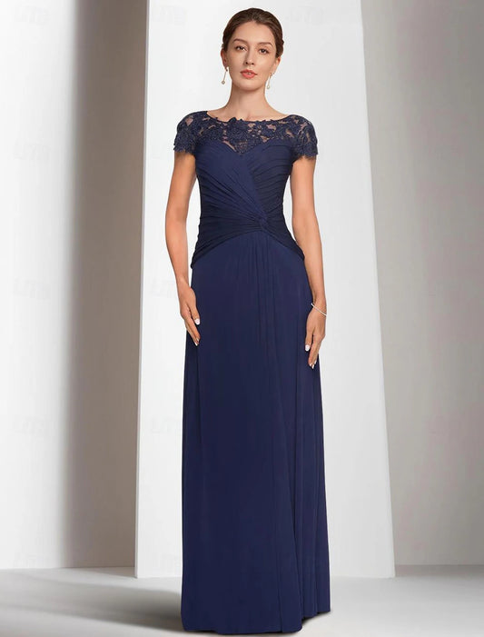 A-shaped Bride Mom Dress Jewelry Neck and Floor Length Chiffon Short Sleeves with Pleated Beads