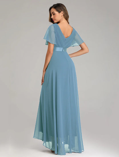 A-shaped ball dress autumn wedding guest dress bridesmaid floor to ceiling long and short sleeved V-neck chiffon V-back strap pleated ruffle edge