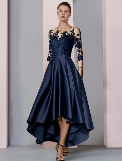 A-shaped Bride Mom Formal Dress Wedding Elegant High Low Spoon Neck Asymmetric Tea Length Satin Lace 3/4 Long Sleeves with Folded Stickers