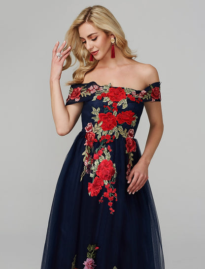 A-shaped floral dress for wedding guests ball and floor length sleeveless off shoulder lace sheer with embroidered stickers