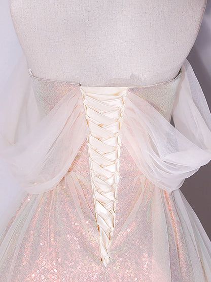 A-Line Pink Tulle Long Prom Dresses Pink Formal Evening Dress