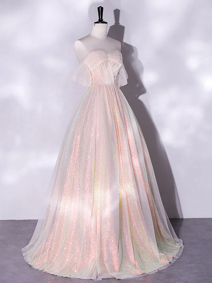 A-Line Pink Tulle Long Prom Dresses Pink Formal Evening Dress