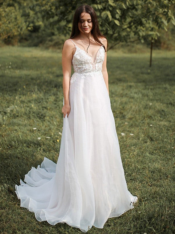 Elegant Princess Italian Noodle Strap Chiffon Applique Sleeveless Brush Train Wedding Dress